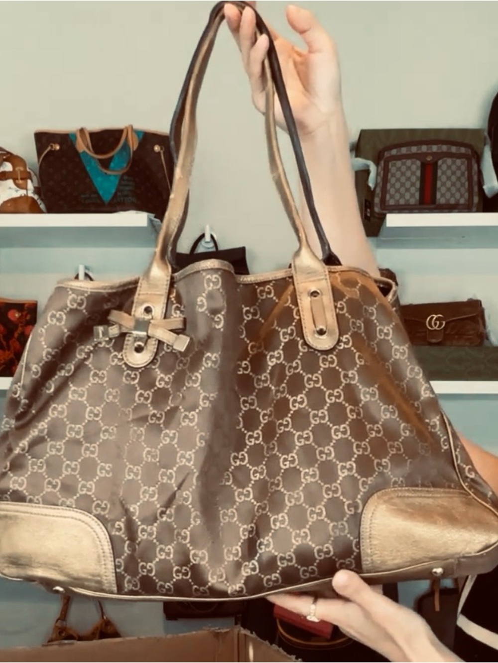 Vintage Gucci Princy GG logo Ribbon Tote Shoulder Bag Brown/Gold w/Leather trim